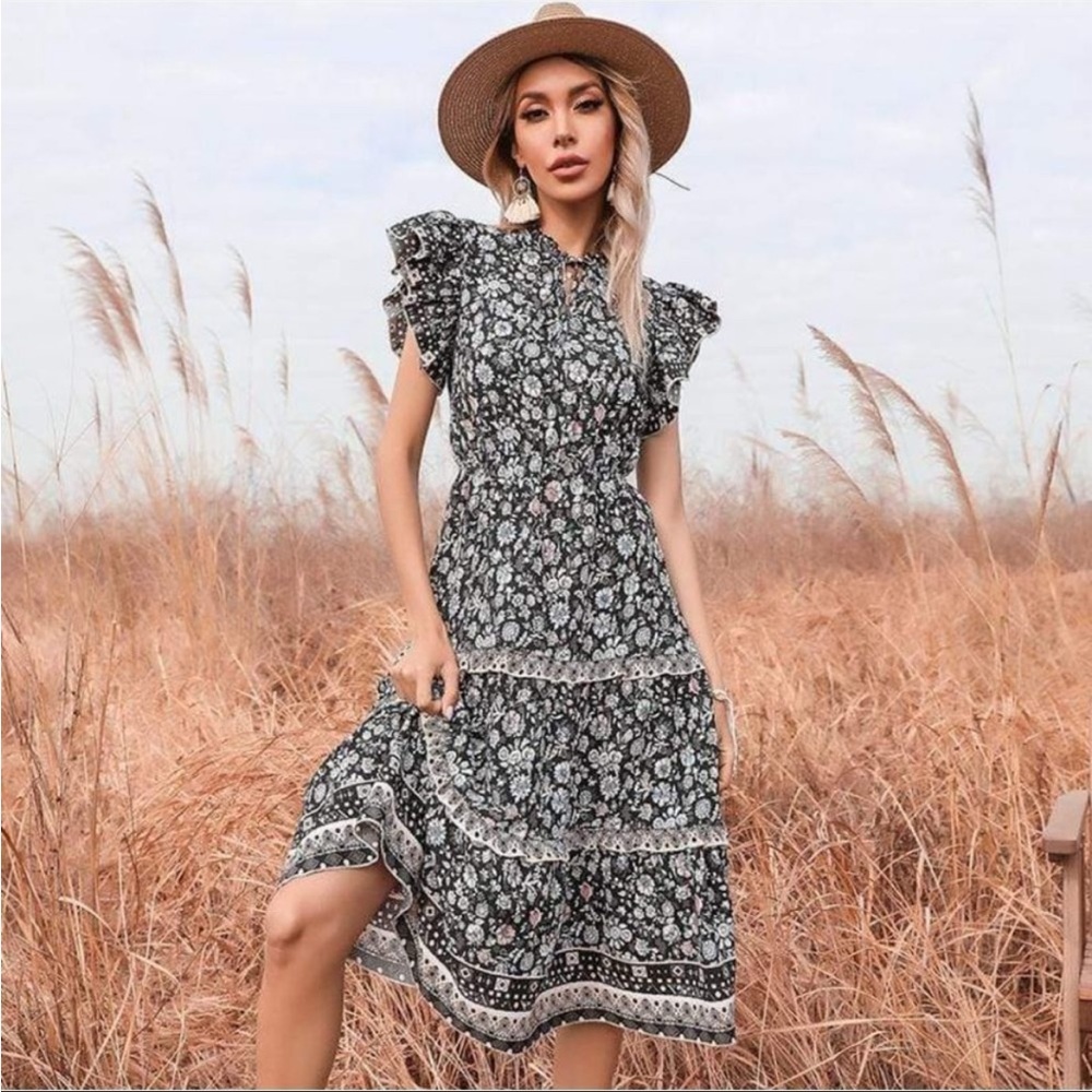 Anna-Kaci California Flowy Floral Boho Tiered Ruffle Midi Dress Size S